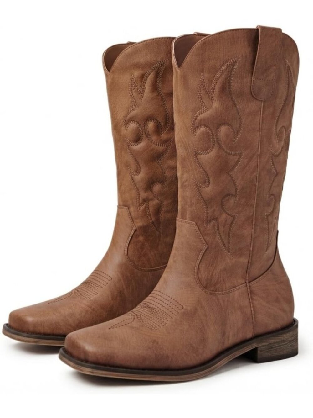 Women's Red/Brown Square Toe Mid Calf Western Cowgirl Boot Pull On Chunky Heels